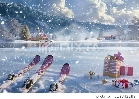 Snowy Morning in a Mountain Valley with Christmas Gifts, Ski Gear, and a Calm Lake Under a Cool Sunlit Sky 118342298