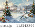 Snowy Morning in a Mountain Village with Christmas Decor, Gift Boxes, Ski Tracks, and a Reflective Lake at Dawn 118342299