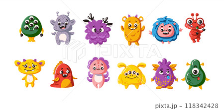Adorable monsters characters flat color vector icon set Adorable monsters characters flat color vector icon set 118342428