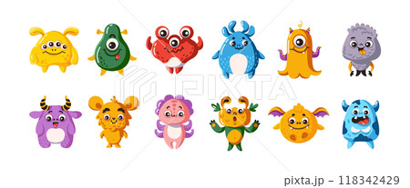 Adorable monsters characters flat color vector icon set Adorable monsters characters flat color vector icon set 118342429