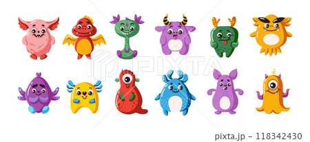 Funny alien monsters characters flat color vector icon set Funny alien monsters characters flat color vector icon set 118342430