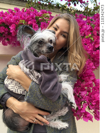young woman with a dog in her arms on a background of flowers. Beautiful girl with a dog on a background of pink flowers young woman with a dog in her arms on a background of flowers. Beautiful girl with a dog on a background of pink flowers 118342473