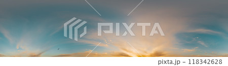 360 panorama of glowing sunset sky with bright pink Cumulus clouds. HDR 360 seamless spherical panorama. Full zenith or sky dome sky replacement for aerial drone panoramas. Climate and weather change. 118342628