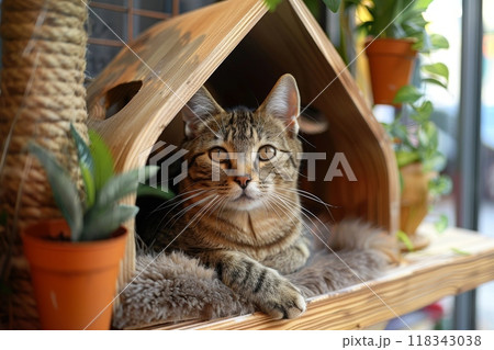 A Cats are laying on a wooden structure 118343038