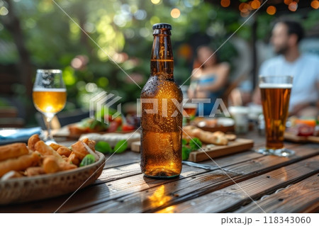 A bottle of beer sits on a table next to a plate of salad 118343060