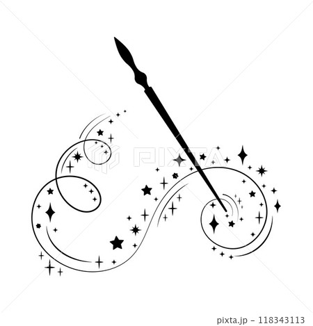 Magic wand. Swirling movement of fairy dust. Stars, sparks, fairy sorcery. Silhouette of a magic wand and an incantation. Symbol of a miracle Magic wand. Swirling movement of fairy dust. Stars, sparks, fairy sorcery. Silhouette of a magic wand and an incantation. Symbol of a miracle 118343113
