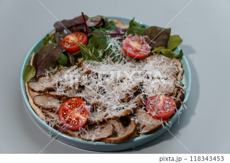 Exquisite Culinary Presentation of Gourmet Mushroom and Parmesan Salad with Fresh Cherry Tomatoes on Elegant Plate Exquisite Culinary Presentation of Gourmet Mushroom and Parmesan Salad with Fresh Cherry Tomatoes on Elegant Plate 118343453