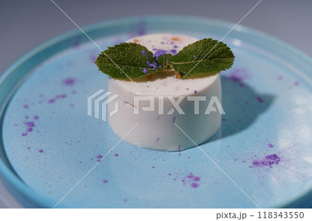 Elegant Gourmet Dessert Presentation on Pastel Blue Plate with Mint Garnish and Purple Accents for Culinary Artistry Elegant Gourmet Dessert Presentation on Pastel Blue Plate with Mint Garnish and Purple Accents for Culinary Artistry 118343550
