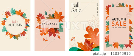 Autumn, Fall background, vertical designs, cards, banners. Autumn leaves pattern, landscape, sale 118343910