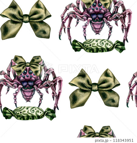 Seamless pattern for Halloween with beautiful spiders, candies and bows. Watercolor background for invitations, cards, invitations, wallpapers, backdrops, bed linen, curtains, decorative textiles 118343951