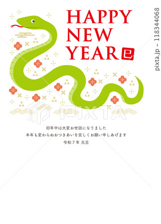 横向きの蛇と和柄のイラストの年賀状_HAPPY NEW YEAR_縦型_白 118344068