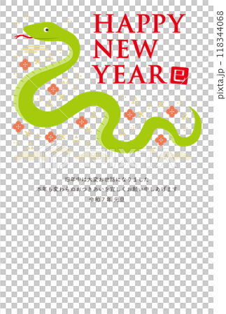 横向きの蛇と和柄のイラストの年賀状_HAPPY NEW YEAR_縦型_白 118344068