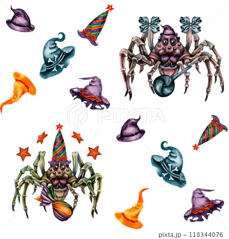 Seamless pattern for Halloween with beautiful spiders, hats, candies and bows. Watercolor background for invitations, cards, invitations, wallpapers, backdrops, bed linen, curtains, decorative textile 118344076