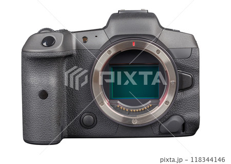 black professional mirrorless camera body isolated on white background 118344146
