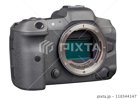 black professional mirrorless camera body isolated on white background black professional mirrorless camera body isolated on white background 118344147