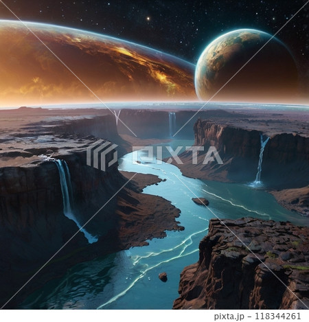 海面に反射する太陽と月 118344261