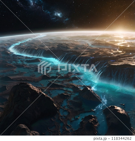 海面に反射した太陽と月のシルエット 118344262