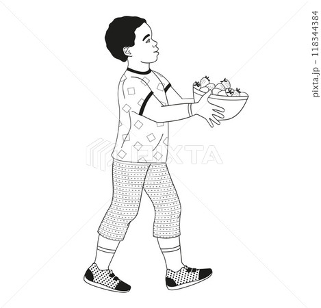 frican American boy walks with a bowl of strawberries in his hands 118344384