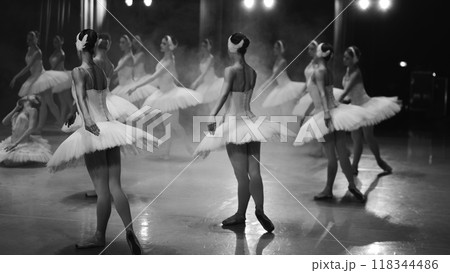 Ballerinas in white tutus, view from backstage. Black and white photos Ballerinas in white tutus, view from backstage. Black and white photos 118344486