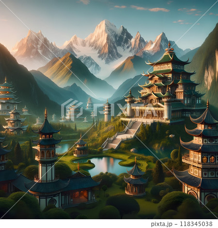 Enchanted Valley of Pagodas Amidst Snowy Peaks: A Vision of Shangri-La 118345038