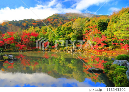 【京都府】シンメトリーな嵐山天龍寺の紅葉(曹源池庭園) 【京都府】シンメトリーな嵐山天龍寺の紅葉(曹源池庭園) 118345302