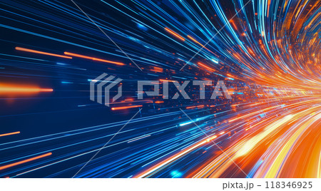 発光するオレンジと青の線を伴う高速の光の流れ 118346925