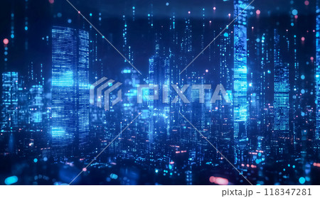 粒子と光の流れを伴う抽象的なデジタル波、柔らかな青い輝きと流れる動き 粒子と光の流れを伴う抽象的なデジタル波、柔らかな青い輝きと流れる動き 118347281