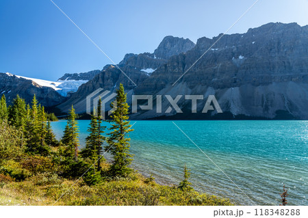 Bow Lake lakeshore in summer sunny day. Bow Glacier, Banff National Park, Canadian Rockies, Alberta, Canada. 118348288