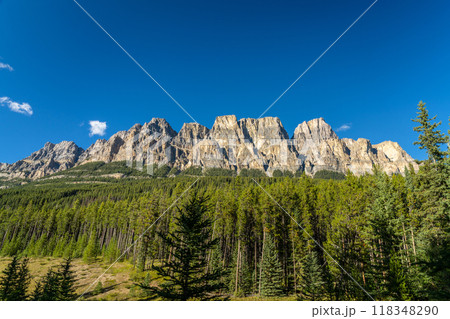 Castle Mountain Cliff Viewpoint in summer sunny day, Bow Valley Parkway, Banff National Park, Canadian Rockies, Alberta, Canada. 118348290