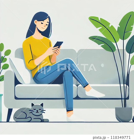 ソファでスマホを使いくつろぐ女性 ソファでスマホを使いくつろぐ女性 118349771