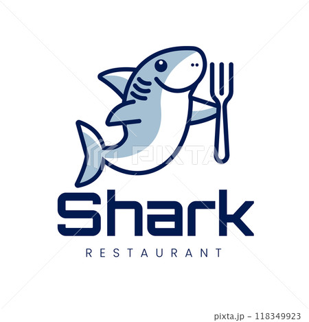 Illustration of a Cute Shark Holding a Fork Logo Design for a Culinary Restaurant Food Illustration of a Cute Shark Holding a Fork Logo Design for a Culinary Restaurant Food 118349923