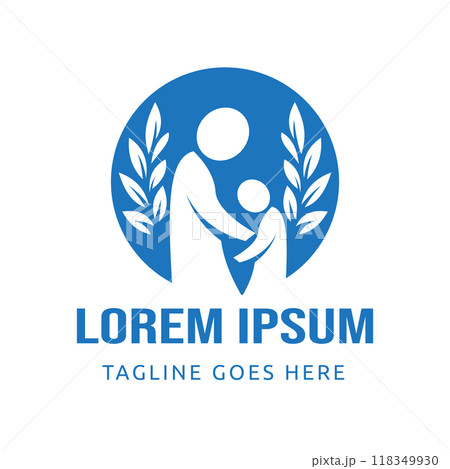 Family Symbol Design, with adults and children holding hands inside a blue circle. Surrounded by laurel leaves Vector Design Illustration 118349930
