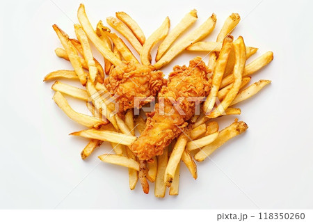 Heart-Shaped French Fries Arrangement with Chicken Finger for Valentine's Day Fun 118350260