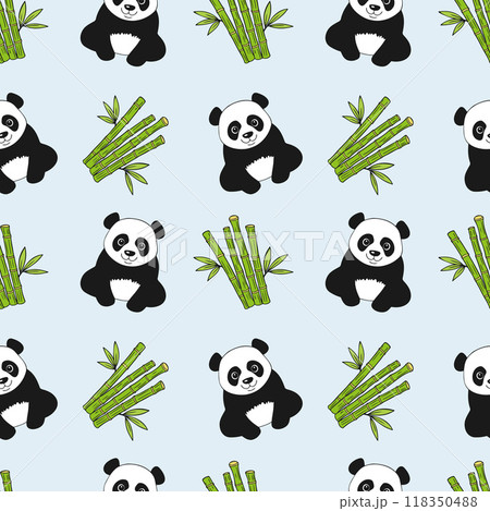 Panda and bamboo pattern on blue background 118350488