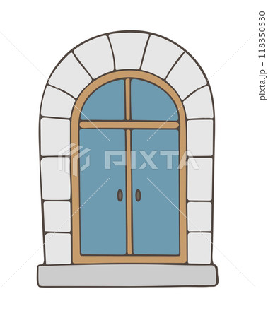Venetian style door in blue, vintage hand drawn doodle, antique door with stonework isolated on white background. Venetian style door in blue, vintage hand drawn doodle, antique door with stonework isolated on white background. 118350530
