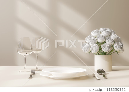 Close up view of minimal style dining table with empty area for copy space 3d render Close up view of minimal style dining table with empty area for copy space 3d render 118350532