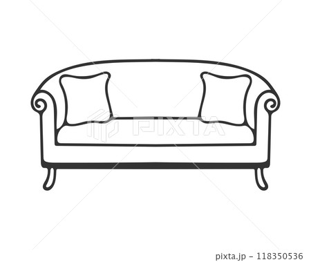 Venetian sofa contour drawing with pillows, cozy place for rest and relaxation, element of home interior, isolated on white background.Hand drawn contour doodle drawing. 118350536