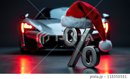 This image showcases a shiny metal percentage sign topped with a Santa hat, placed in front of a This image showcases a shiny metal percentage sign topped with a Santa hat, placed in front of a 118350581