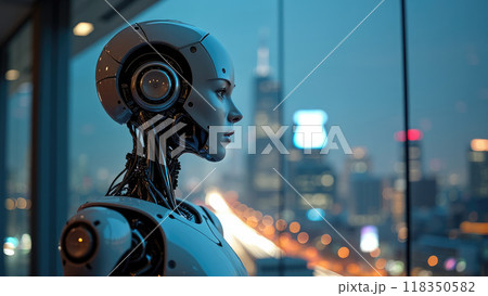 A highly advanced robotic figure with a sleek, futuristic design stands looking out of a window A highly advanced robotic figure with a sleek, futuristic design stands looking out of a window 118350582