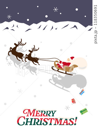 雪山をそりに乗って駆けていくサンタさんたちとプレゼントを落としていく影のイラスト 雪山をそりに乗って駆けていくサンタさんたちとプレゼントを落としていく影のイラスト 118350691