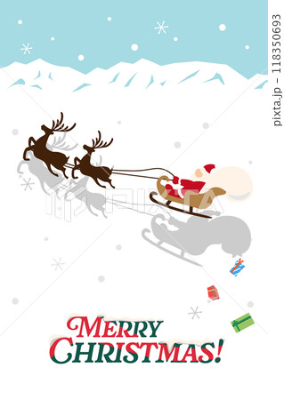 雪山をそりで駆けていくサンタさんたちとプレゼントを落としていく影のイラスト 118350693