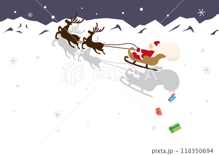 雪山をそりで駆けていくサンタさんたちとプレゼントを落としていく影のイラスト 横 雪山をそりで駆けていくサンタさんたちとプレゼントを落としていく影のイラスト 横 118350694