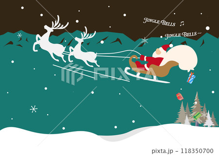 歌を歌いながら空を飛んで、袋からプレゼントが落ちているサンタさんのイラスト 歌を歌いながら空を飛んで、袋からプレゼントが落ちているサンタさんのイラスト 118350700
