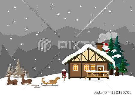 家の外で待っているトナカイと煙突にのぼるサンタさんのイラスト 118350703