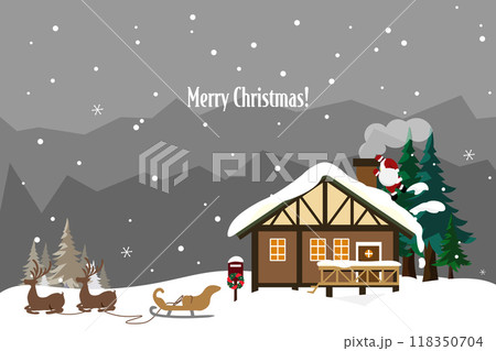 家の外で待っているトナカイと煙突にのぼるサンタさんのイラスト 家の外で待っているトナカイと煙突にのぼるサンタさんのイラスト 118350704