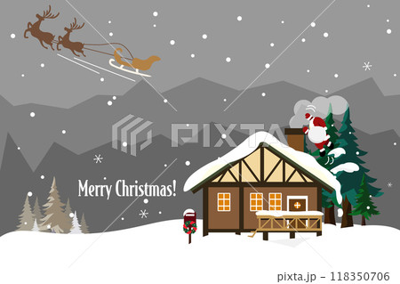 トナカイに置いて行かれる煙突のそばのサンタクロースのイラスト 118350706