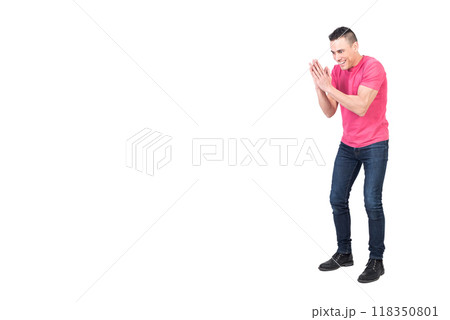 Excited male rubbing hands and looking away Excited male rubbing hands and looking away 118350801