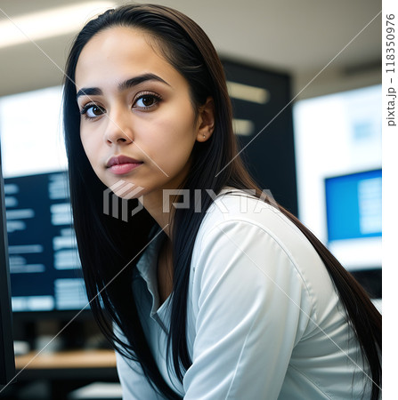 Hispanic teenager data analyst girl on background of computer screens. Success, technology, future concept created with generative AI. 118350976