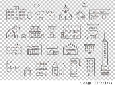 Hand-drawn illustration set of various buildings (monochrome) Hand-drawn illustration set of various buildings (monochrome) 118351353