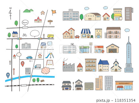 いろんな建物と地図の手描きイラストセット（カラー） 118351354